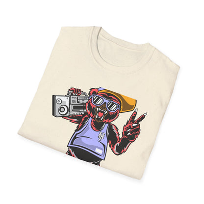 Rad Hip Hop Bear Boombox T-Shirt - Retro Street Style Graphic Tee for Music Lovers & 90s Fans