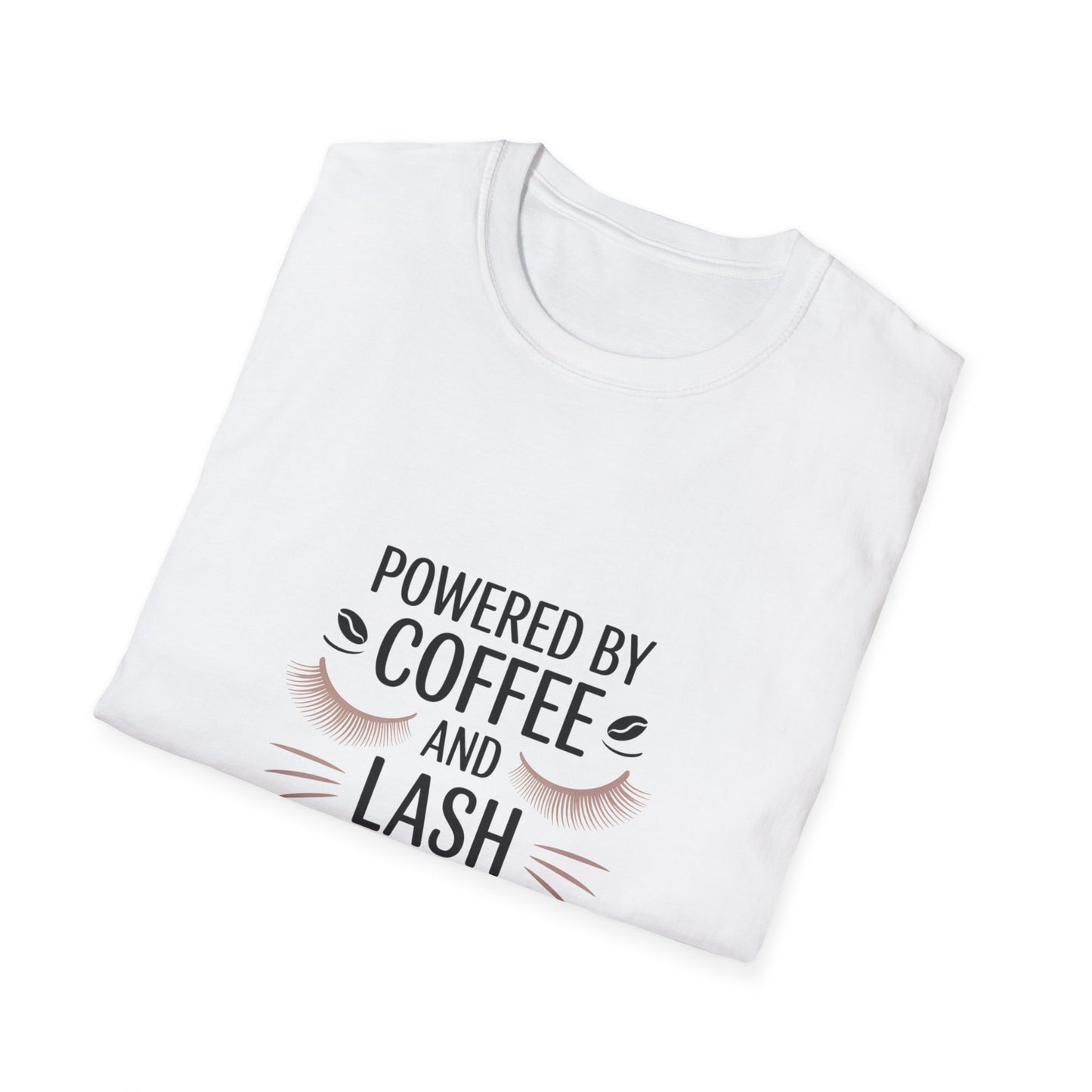 Chic 'Powered by Coffee & Lash Extensions' T-Shirt | Fabulous Lash Tech & Beauty Lover Tee with Cat Eye Design