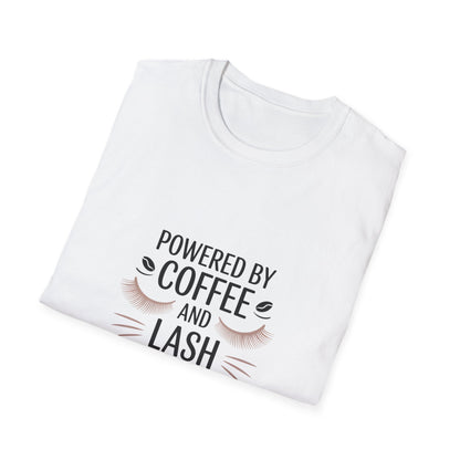Chic 'Powered by Coffee & Lash Extensions' T-Shirt | Fabulous Lash Tech & Beauty Lover Tee with Cat Eye Design