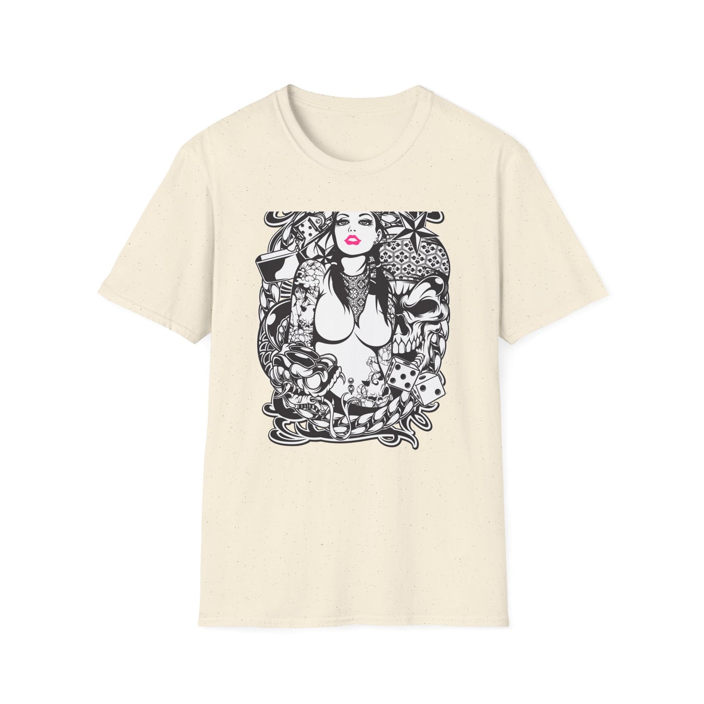 Bold Tattoo Girl & Skull Graphic T-Shirt | Edgy Urban Streetwear | Dice & Star Statement Tee - Unleash Your Rebel Style!