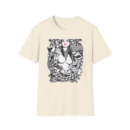 Bold Tattoo Girl & Skull Graphic T-Shirt | Edgy Urban Streetwear | Dice & Star Statement Tee - Unleash Your Rebel Style!