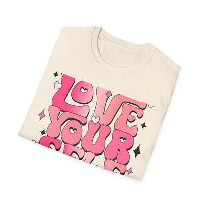 Groovy "Love Yourself" T-Shirt | Pink Retro Self-Love Tee with Hearts & Sparkles | Empowering & Chic Women's Affirmation Top