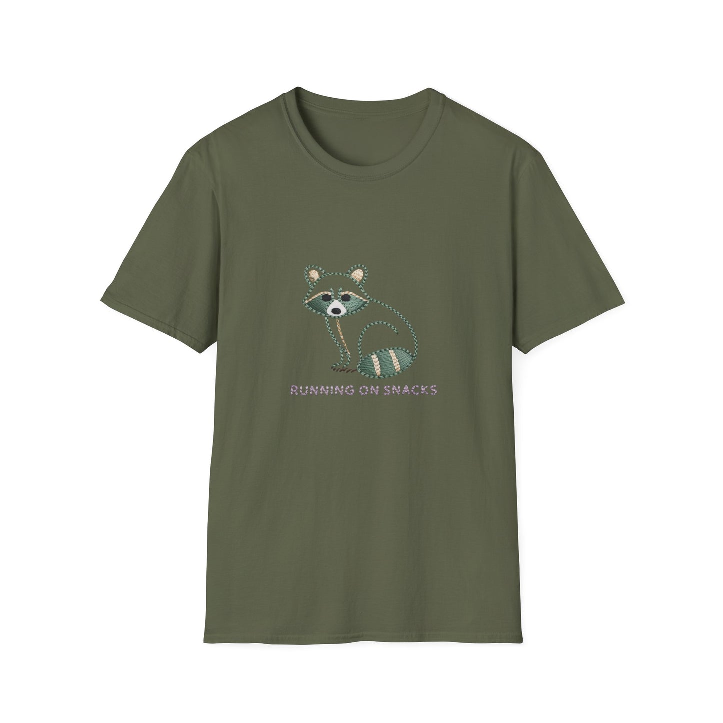 Hilarious 'Running on Snacks' Raccoon T-Shirt - Cozy Embroidered Style Animal Lover Tee, Perfect Gift!