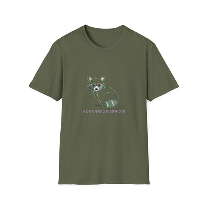 Hilarious 'Running on Snacks' Raccoon T-Shirt - Cozy Embroidered Style Animal Lover Tee, Perfect Gift!