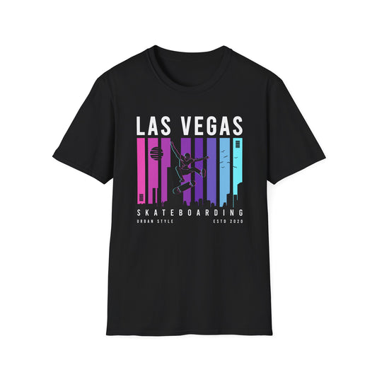 Dynamic Neon Skater T-Shirt | Urban City Skyline Streetwear Tee | Vibrant Skateboarding Style Apparel for All