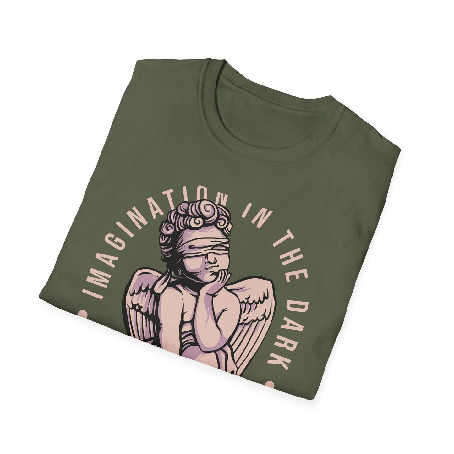 Captivating Blindfolded Cherub T-Shirt | 'Imagination In The Dark' Aesthetic Graphic Tee for Artistic Souls