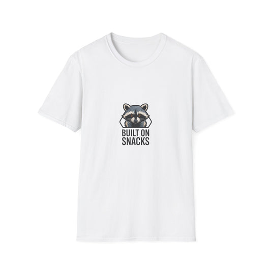 Hilarious Raccoon 'Built On Snacks' T-Shirt | Funny Animal Foodie Tee | Awesome Snack Lover Gift