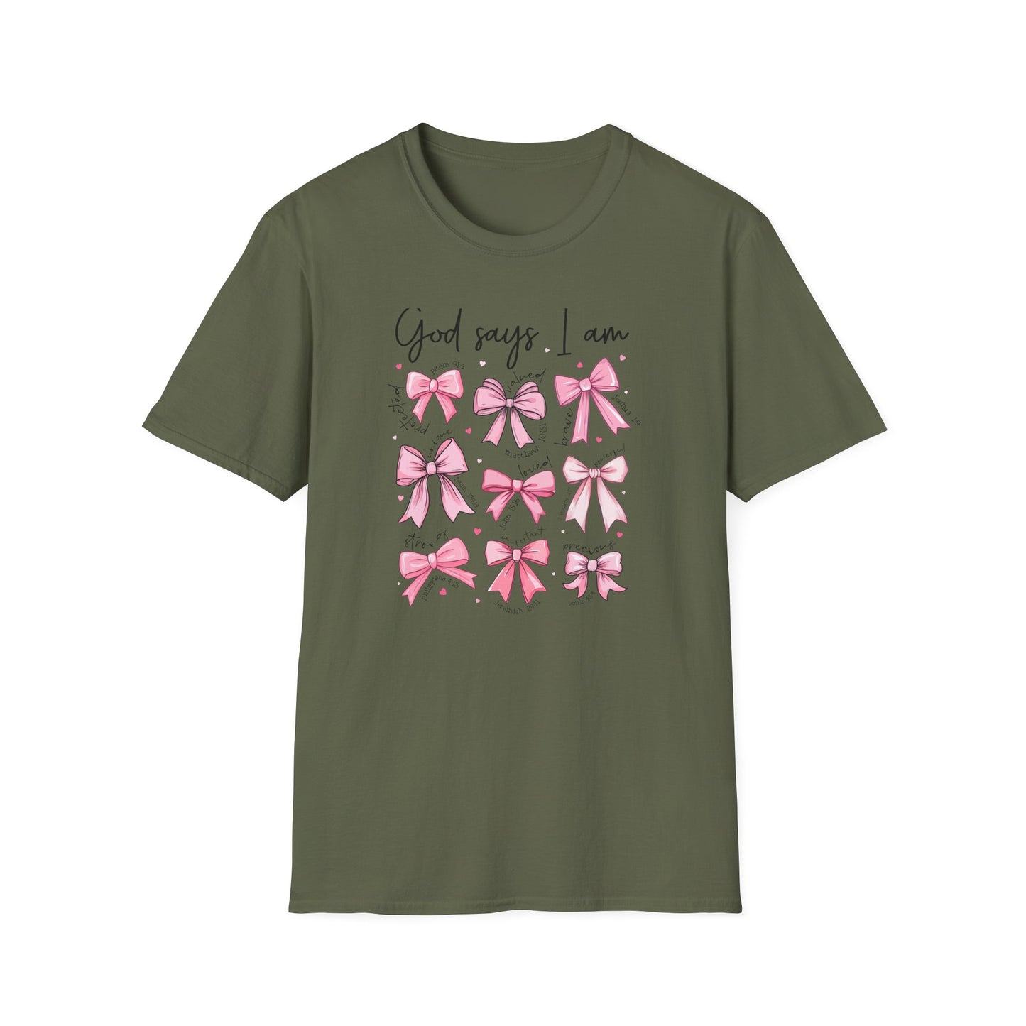 Empowering God Says I Am T-Shirt | Christian Affirmation Pink Bow Tee | Inspiring Bible Verse Faith Apparel for Women & Girls
