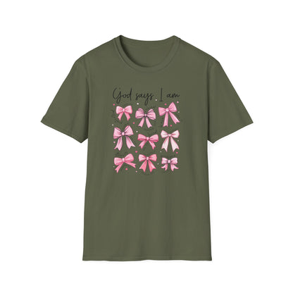 Empowering God Says I Am T-Shirt | Christian Affirmation Pink Bow Tee | Inspiring Bible Verse Faith Apparel for Women & Girls