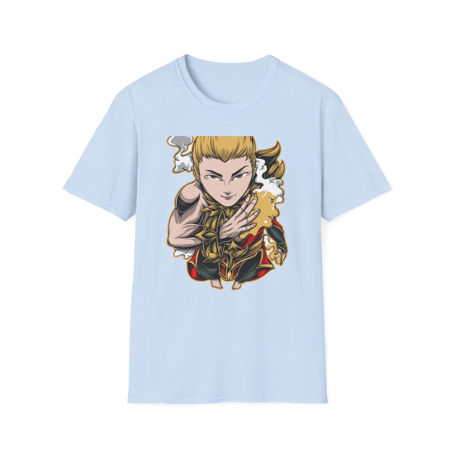 Captivating Mythic Hero T-Shirt | Dynamic Golden Warrior Anime Style Graphic Tee for Gamers & Fantasy Fans