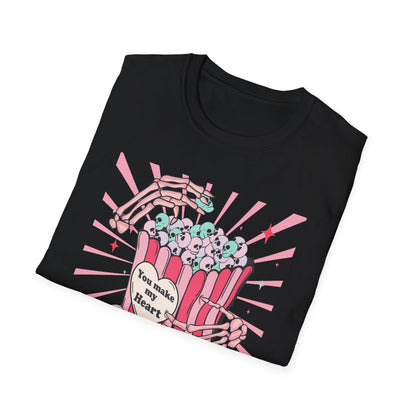 Spooky Sweet Skeleton 'You Make My Heart' T-Shirt | Pastel Goth Skull Popcorn Tee | Edgy Valentine's Day Gift for Unique Love