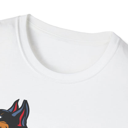 Fierce Doberman Hannya Mask T-Shirt: Epic Japanese Demon Dog Design. Bold Statement Tee for Edgy Dog Lovers & Culture Fans.