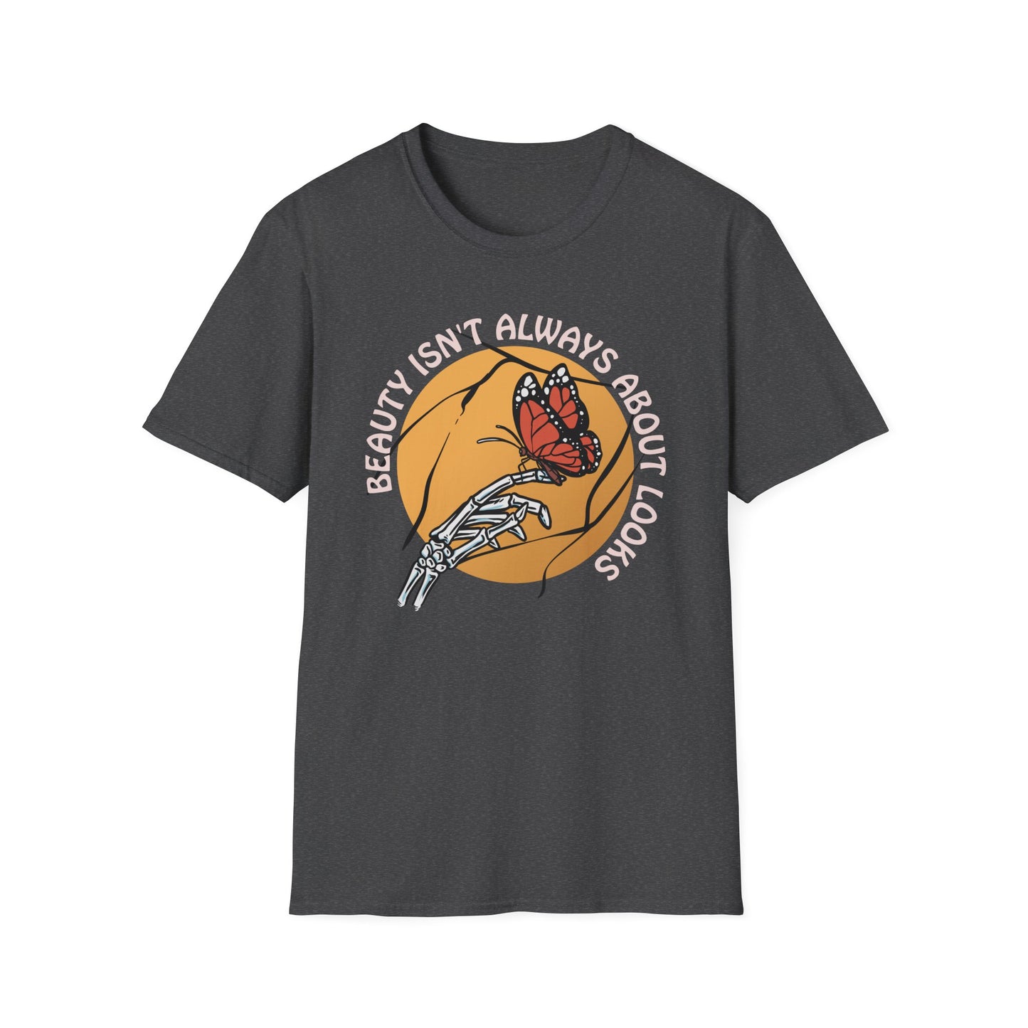 Expressive Skeleton Hand & Monarch Butterfly T-Shirt | 'Beauty Isn't About Looks' Deep Meaning Art Tee