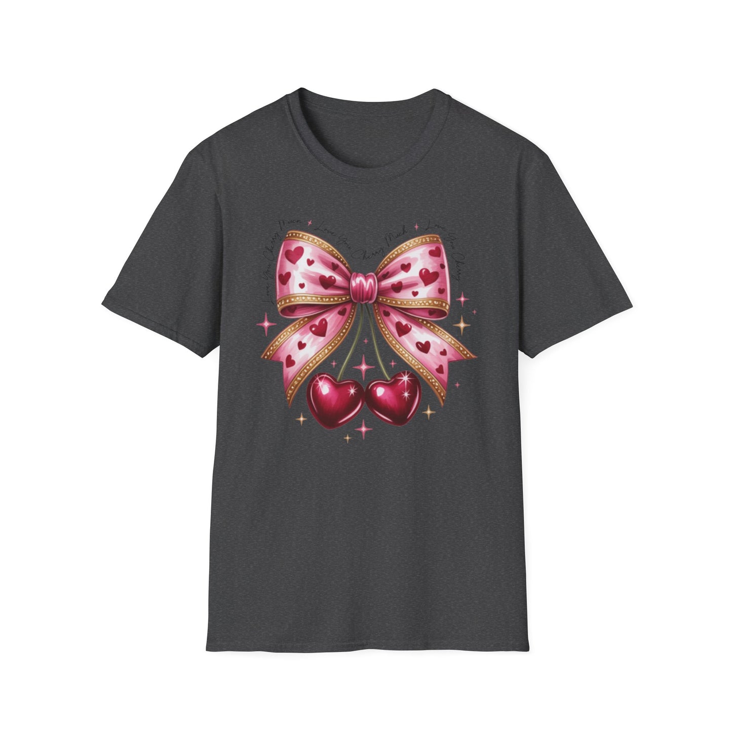 Chic Coquette Cherry Hearts Bow T-Shirt | Adorable Pink Romantic Aesthetic Tee | Sweet Valentine's Day Gift for Her