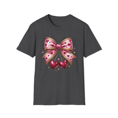Chic Coquette Cherry Hearts Bow T-Shirt | Adorable Pink Romantic Aesthetic Tee | Sweet Valentine's Day Gift for Her