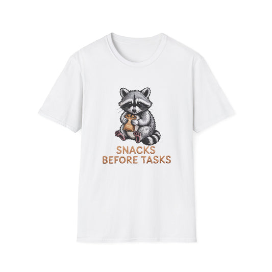 Adorable Raccoon 'Snacks Before Tasks' T-Shirt - Funny Procrastination & Foodie Tee for Ultimate Comfort & Style