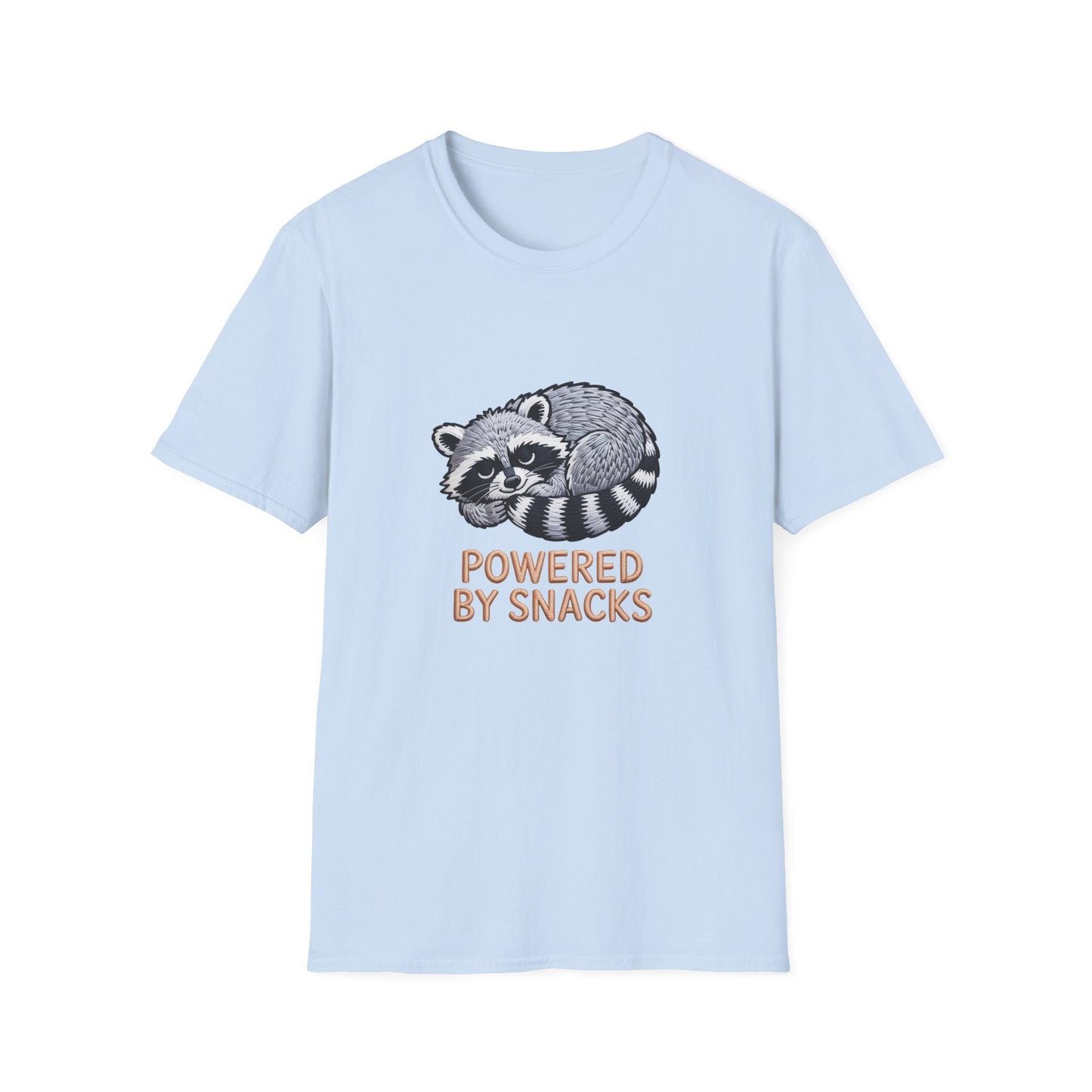 Powered By Snacks Adorable Raccoon T-Shirt | Funny Foodie Animal Lover Tee | Hilarious Snack Enthusiast Gift