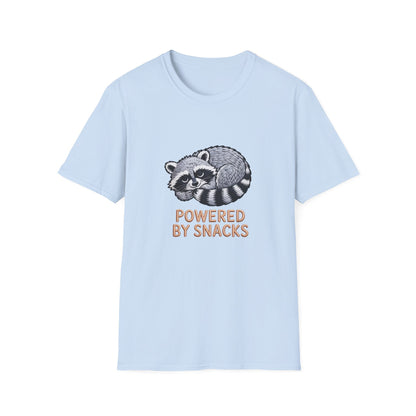 Powered By Snacks Adorable Raccoon T-Shirt | Funny Foodie Animal Lover Tee | Hilarious Snack Enthusiast Gift