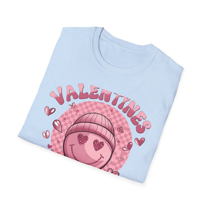 Sparkly Heart Eyes Smiley Valentines Vibes T-Shirt | Trendy Groovy Pink Love Tee for Her