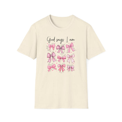 Empowering God Says I Am T-Shirt | Christian Affirmation Pink Bow Tee | Inspiring Bible Verse Faith Apparel for Women & Girls