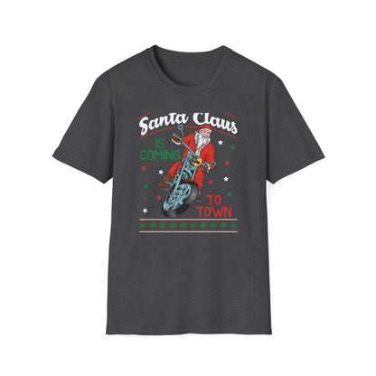 Epic Santa Biker T-Shirt - Cool Christmas Motorcycle Tee | Funny Holiday Rider Apparel Gift for Men & Women | 'Santa Is Coming To Town'