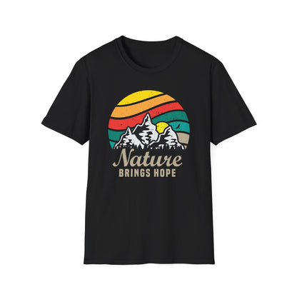 Inspiring Vintage Nature Mountains T-Shirt | Retro Outdoors Adventure Tee with 'Nature Brings Hope' Design | Essential Hiking & Camping Shirt