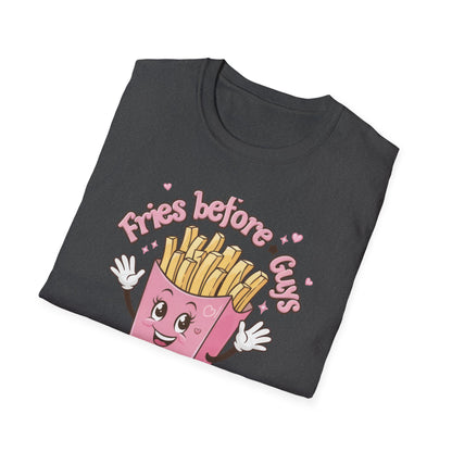 Cute 'Fries Before Guys' T-Shirt | Adorable Pink French Fry Lover Tee | Funny Foodie Graphic Top for Women & Teens