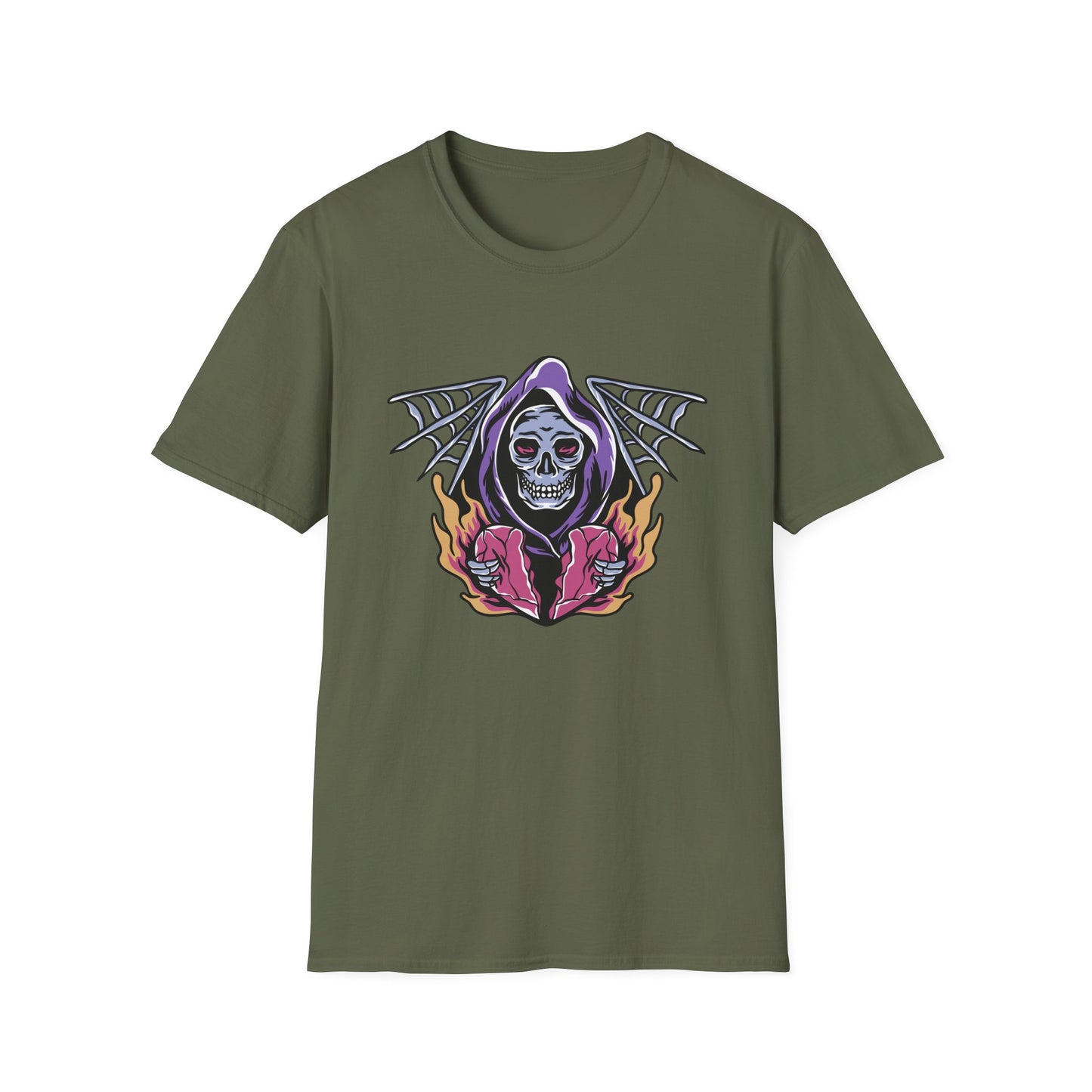 Striking Grim Reaper Broken Heart T-Shirt | Edgy Skull & Flames Tee | Gothic Macabre Streetwear | Bold & Unique Style