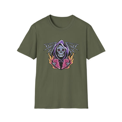 Striking Grim Reaper Broken Heart T-Shirt | Edgy Skull & Flames Tee | Gothic Macabre Streetwear | Bold & Unique Style