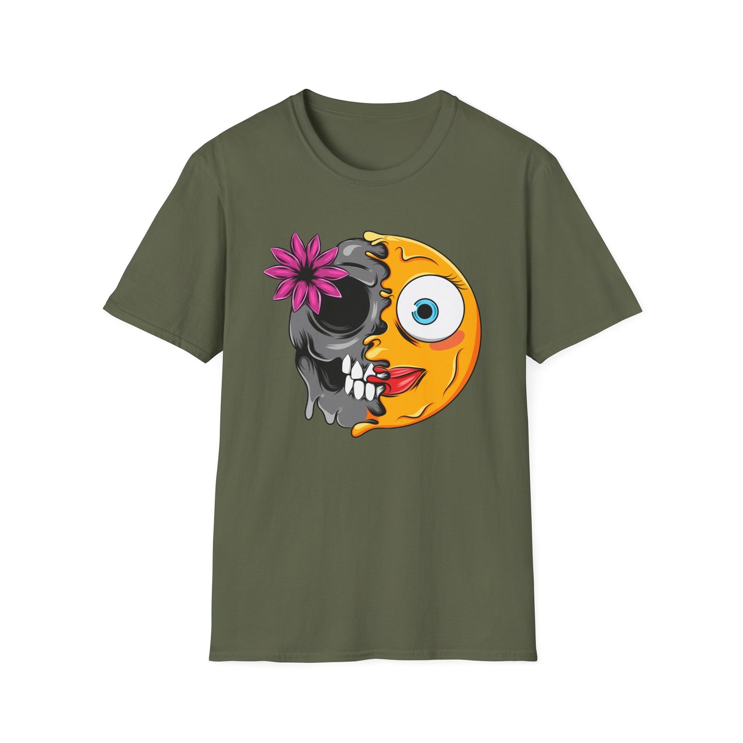 Striking Melting Emoji Skull T-Shirt – Unique Duality Graphic Tee for Edgy, Alternative & Goth Styles