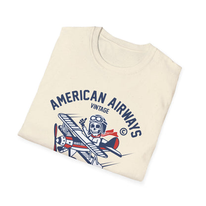 Vintage Skeleton Pilot Biplane T-Shirt - American Airways Fly Away Retro Aviation & Thrilling Thumbs Up Tee