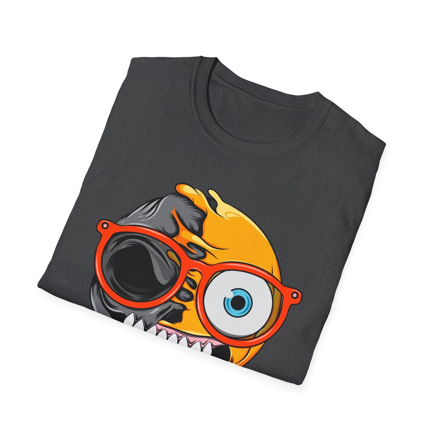 Bold Melting Emoji Skull T-Shirt | Unique Split Face Graphic Tee | Edgy Dual Personality Statement Top