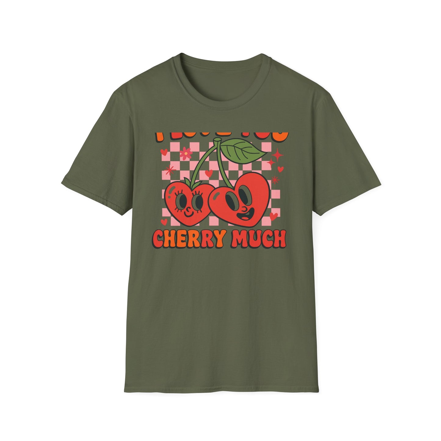 Adorable "I Love You Cherry Much" T-Shirt | Sweet Retro Heart Cherries & Groovy Checkered Love Pun Tee | Perfect Valentine's Day Gift