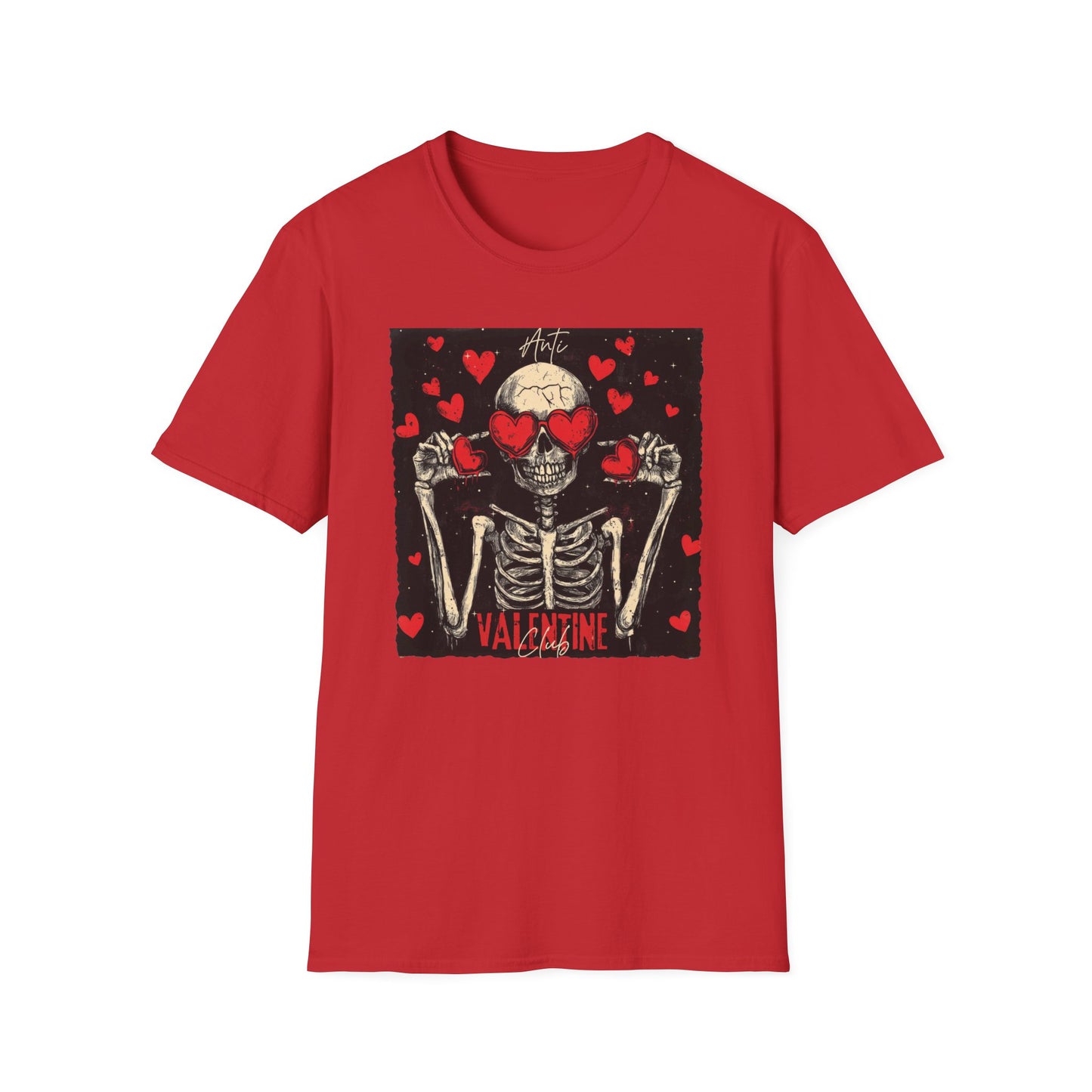 Anti Valentine Club Skeleton T-Shirt - Edgy Skull with Heart Sunglasses & Dripping Hearts | Grunge Anti-Love Tee