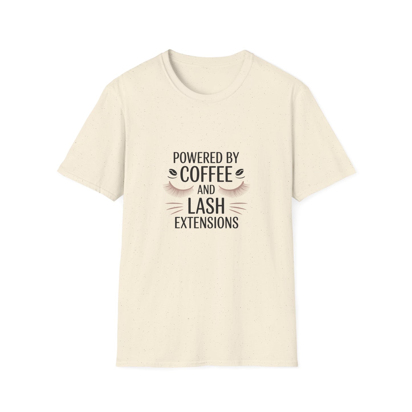 Chic 'Powered by Coffee & Lash Extensions' T-Shirt | Fabulous Lash Tech & Beauty Lover Tee with Cat Eye Design