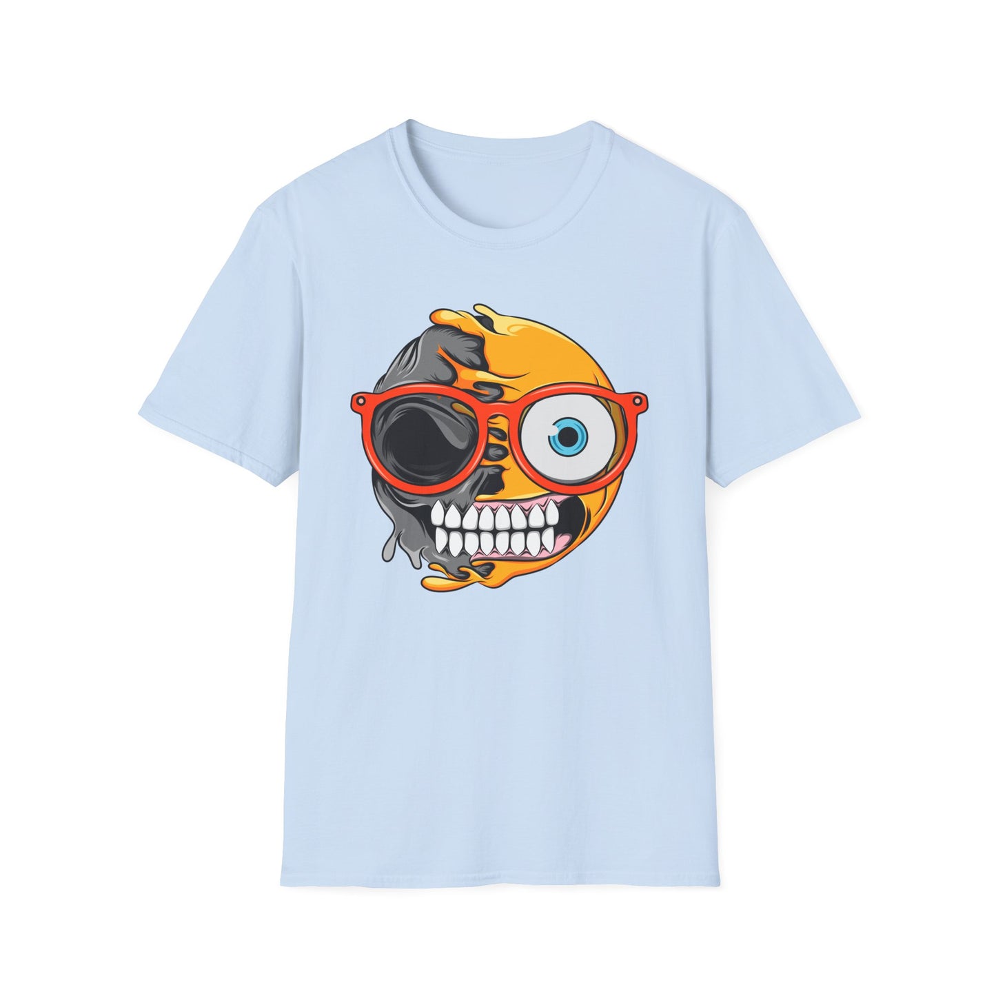 Bold Melting Emoji Skull T-Shirt | Unique Split Face Graphic Tee | Edgy Dual Personality Statement Top