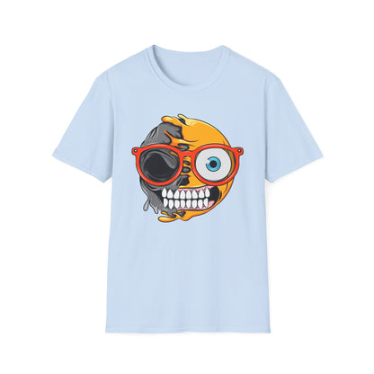 Bold Melting Emoji Skull T-Shirt | Unique Split Face Graphic Tee | Edgy Dual Personality Statement Top