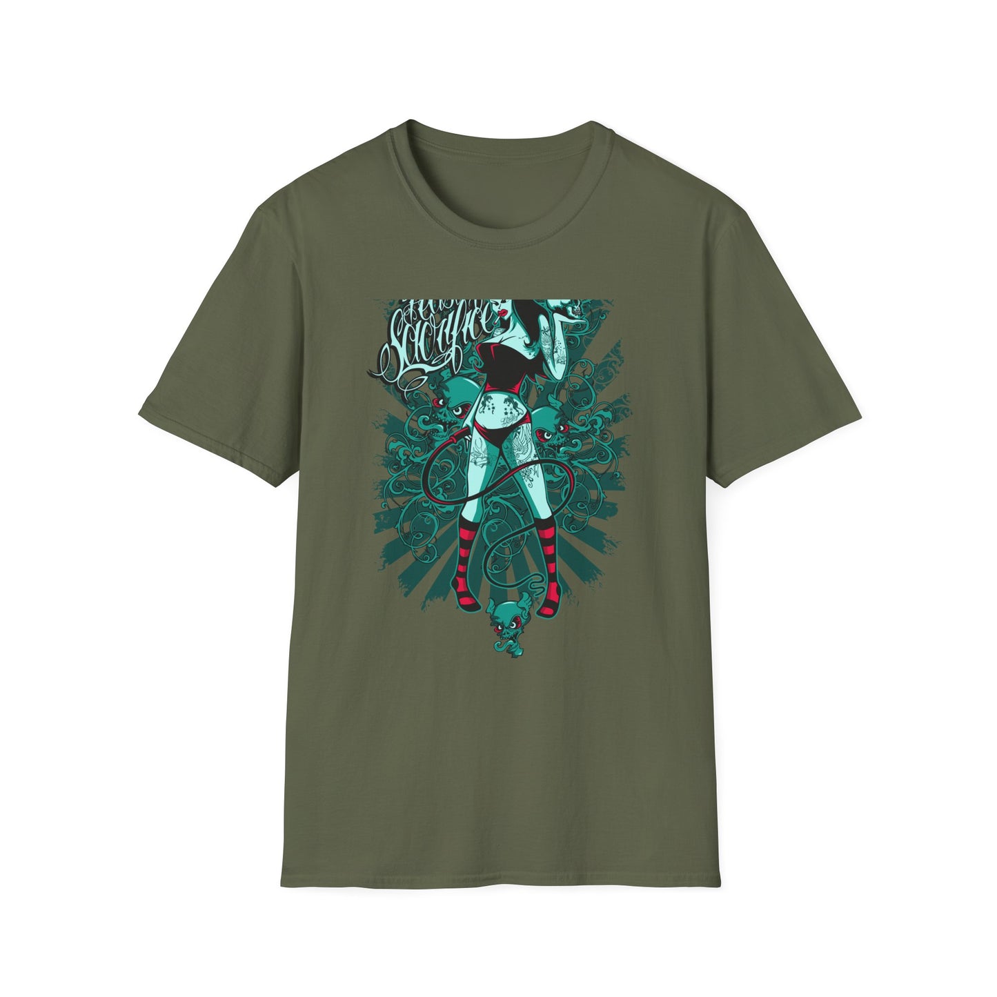 Bold 'Feast of Sacrifice' T-Shirt - Edgy Pin-Up Girl, Flaming Skulls & Tattoo Art for Goth & Alternative Style