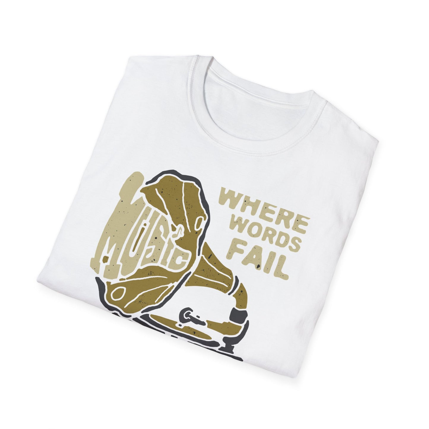 Expressive 'Where Words Fail Music Speaks' T-Shirt - Vintage Gramophone Design for Soulful Music Lovers
