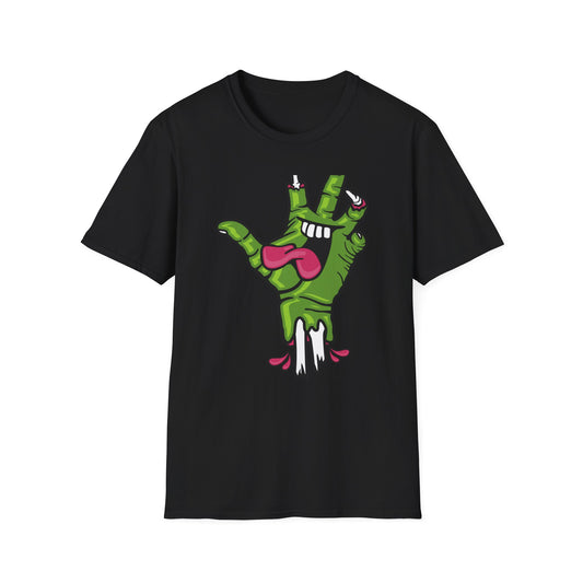Groovy Zombie Hand T-Shirt with Smiling Monster Face | Spooky Halloween Rock On Tee | Creepy Fun Apparel