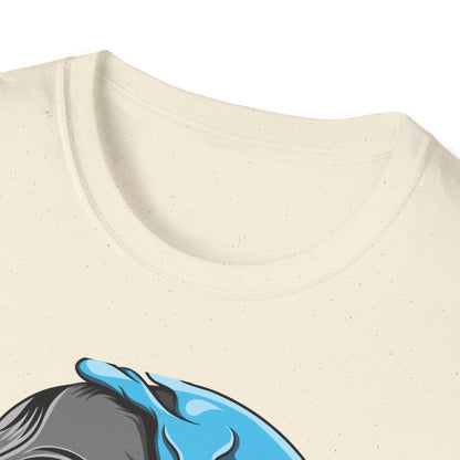 Epic Melting Skull & Blue Cartoon Split Face T-Shirt | Unique Edgy Graphic Tee for Streetwear & Art Lovers