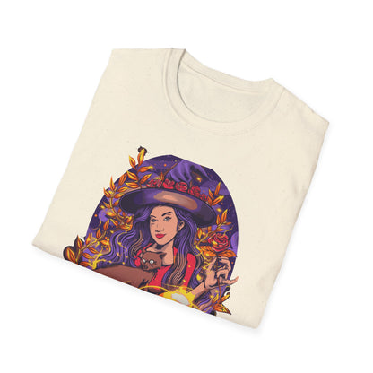 Enchanting Mystical Witch T-Shirt | Women's Fantasy Magic Tee with Cat, Crystal Ball & Roses | Awesome Gift