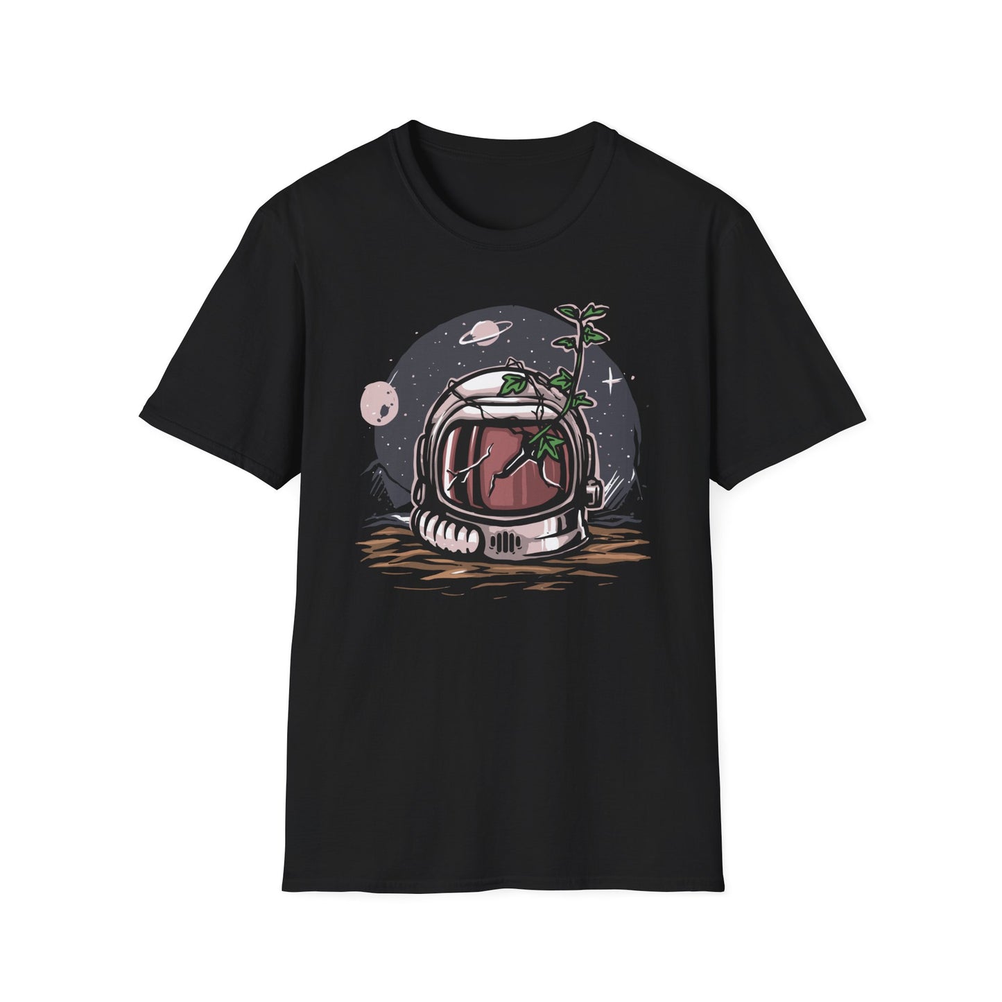 Stunning Cosmic Bloom Astronaut Helmet T-Shirt | Unique Space Plant Growth & Nature Inspired Sci-Fi Art Tee