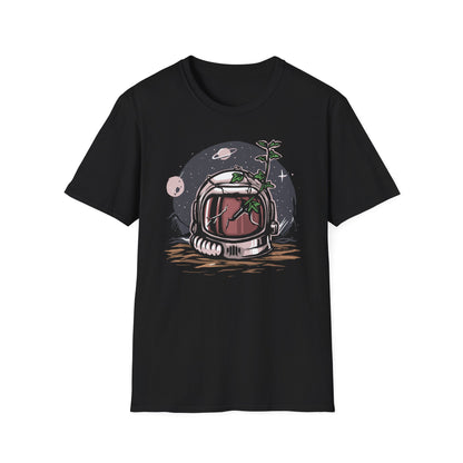 Stunning Cosmic Bloom Astronaut Helmet T-Shirt | Unique Space Plant Growth & Nature Inspired Sci-Fi Art Tee