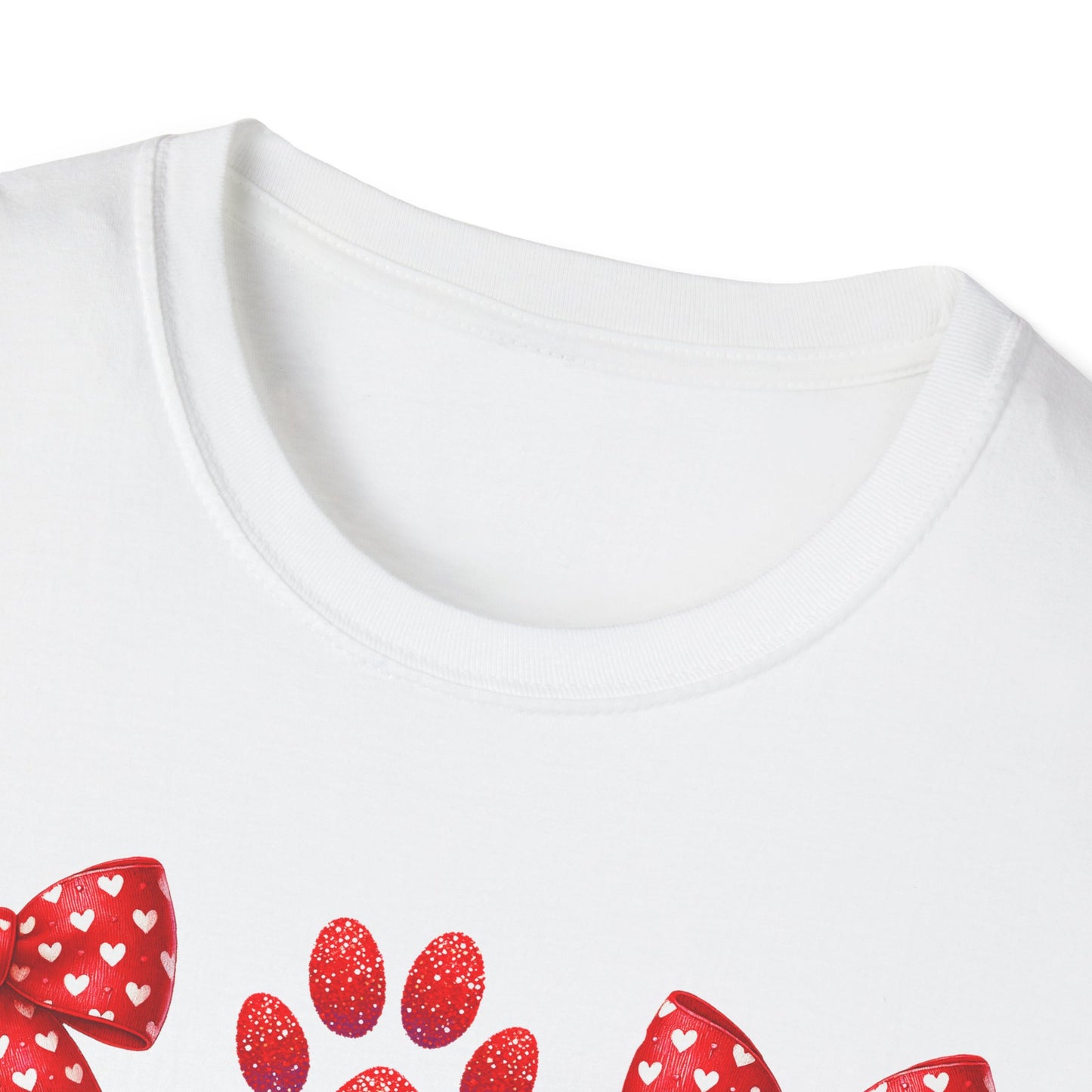 Charming Pet Love T-Shirt: Red Heart Bows & Glitter Paw Prints | Valentine's Day Animal Lover Tee