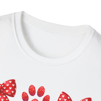 Charming Pet Love T-Shirt: Red Heart Bows & Glitter Paw Prints | Valentine's Day Animal Lover Tee