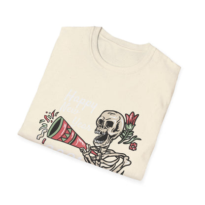 Vibrant Party Skeleton T-Shirt - Fun Quirky Floral Horn Blasting Graphic Tee