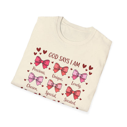 Empowering God Says I Am T-Shirt | Divine Christian Affirmation Tee for Women & Girls with Cute Bows & Hearts