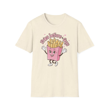 Cute 'Fries Before Guys' T-Shirt | Adorable Pink French Fry Lover Tee | Funny Foodie Graphic Top for Women & Teens