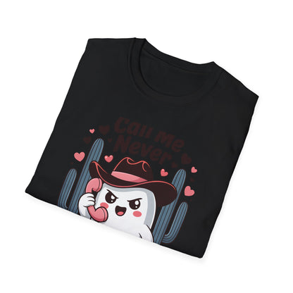 Sassy "Call Me Never" Ghost T-Shirt | Funny Anti-Valentine's Cowboy Ghost Tee | Trendy Western Desert Spooky Cute Apparel
